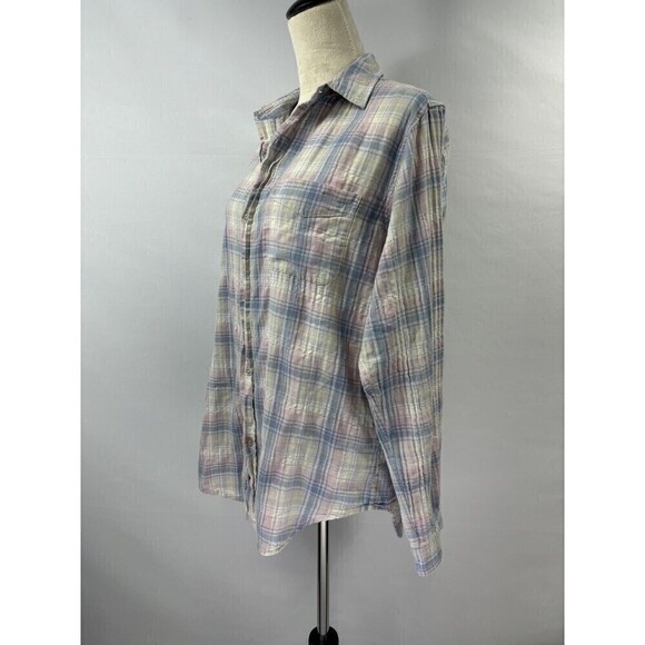 Current Elliott Prep School Button Down Desert Plaid Cream Blue Size Medium 2 - Picture 3 of 11